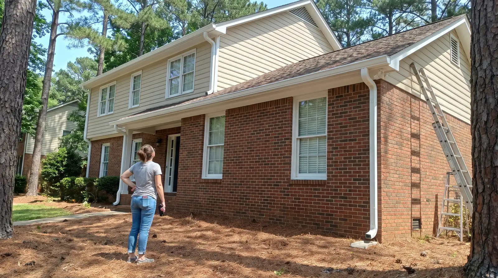 Homeowner on the front lawn looking up at the gutters of a brick and siding house