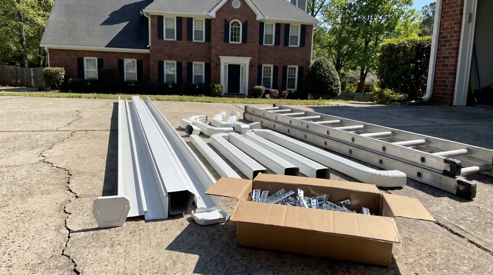 New gutter sections, downspouts, elbows and a box of hangers laid out on a driveway