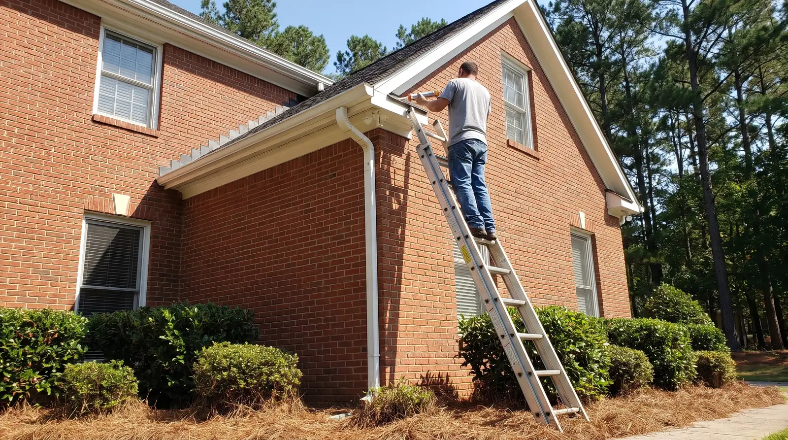 Worker on an extension ladder at the gutter corner of a two-story brick house