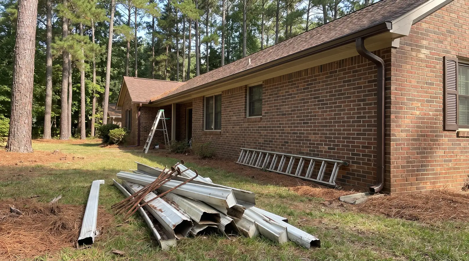 Old dented gutter sections piled on the lawn beside a brick ranch house with new bronze gutters