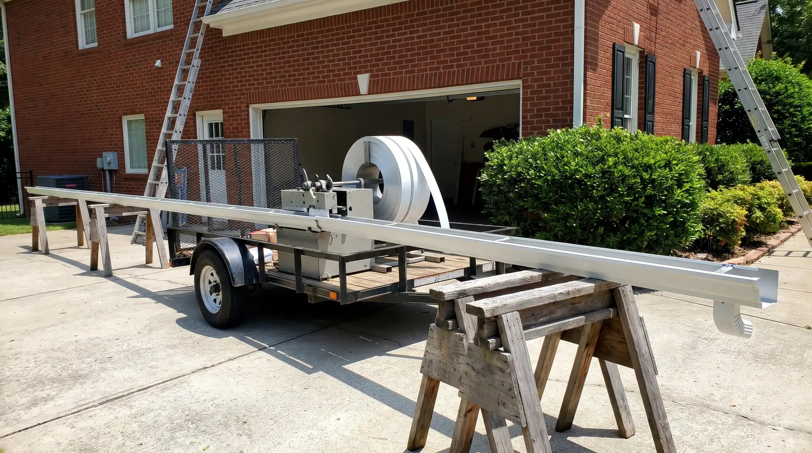 Seamless gutter machine on a trailer forming a long white gutter in a driveway